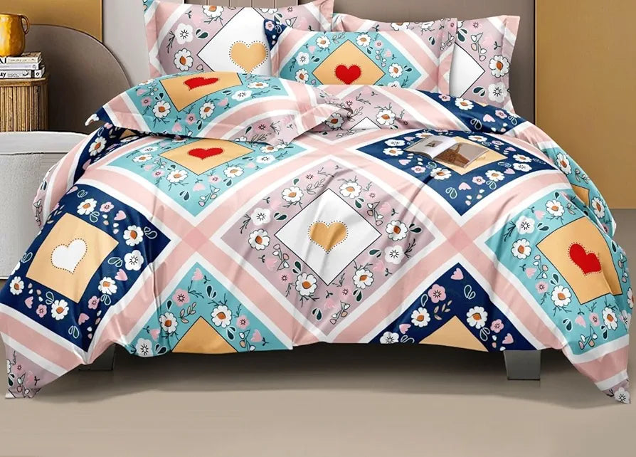 THE HOME STYLE Cotton Feel Glace Cotton Elastic Fitted Printed Double Bed King Size Bedsheet With 2 Pillow Cover 300 TC